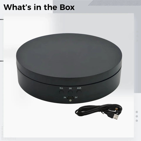 Stunning Motorized Rotating Display Turntable With Electric Stand In Matte Black featuring USB cable and control buttons.