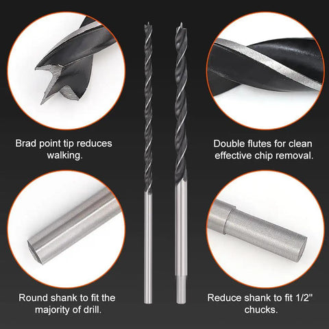 Extra Long Brad Point Drill Bit Set For Hardwood And More, Heavy Duty 12 Inch Carbon Steel Wood Bits, close-up details