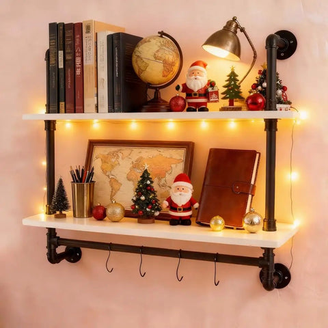 Floating Wall Shelves With Towel Bar, Industrial Pipe Shelving, decorated with books, lamp, and holiday ornaments, 2 tier