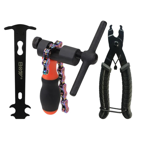 All In One Bike Chain Breaker Tool Set For 1 To 12 Speed Chains Includes Chain Pliers And Wear Indicator Fits Road MTB And Single Speed Bikes For Quick On The Go Repairs, shown with pliers and wear indicator tool.