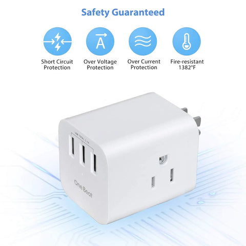 Travel Ready Three Outlet Extender With Three USB Ports And Built In Surge Protector, Compact Wall Plug Power Hub For Home Office And On The Go, Safe Charging For Phones, Tablets, And More