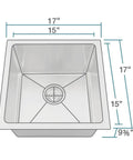 Undermount Stainless Steel Kitchen Sink, 17 Inch, Single Bowl, 0.75 Inch Radius Corners, top view with dimensions shown