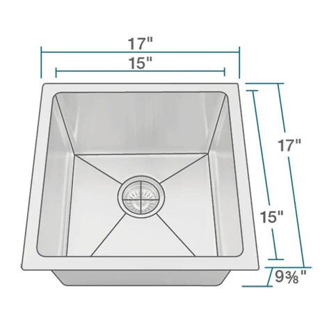 Undermount Stainless Steel Kitchen Sink, 17 Inch, Single Bowl, 0.75 Inch Radius Corners, top view with dimensions shown