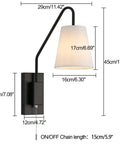 Hardwired Sconce Set of 2 for Bedside Wall Mount With Pull Chain, white fabric shade, sloped arm, dimensions labeled, E26 socket