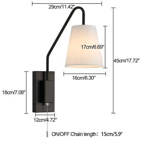 Hardwired Sconce Set of 2 for Bedside Wall Mount With Pull Chain, white fabric shade, sloped arm, dimensions labeled, E26 socket