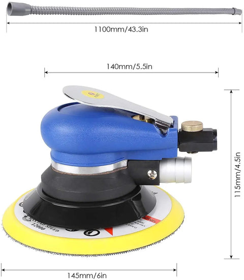 6 Inch Air Random Orbital Sander With Pro Grade Pneumatic Power Includes Hose And Dust Bag For Car Metal Wood Sanding