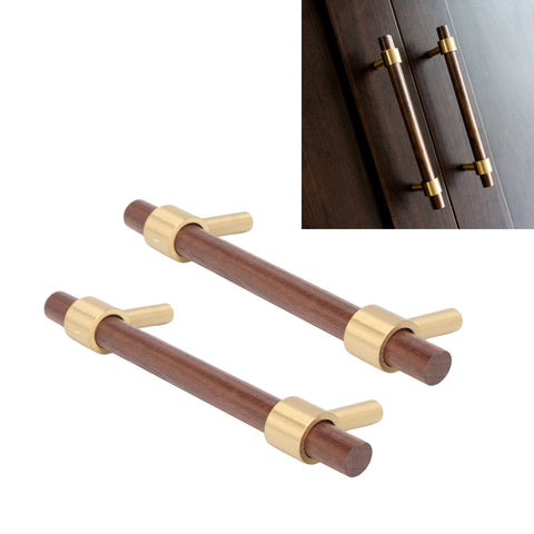 Dope Walnut And Brass Cabinet Hardware Drawer Handles 2 Sets Durable Solid Brass Pulls with Walnut Wood Accents on Cabinet Door