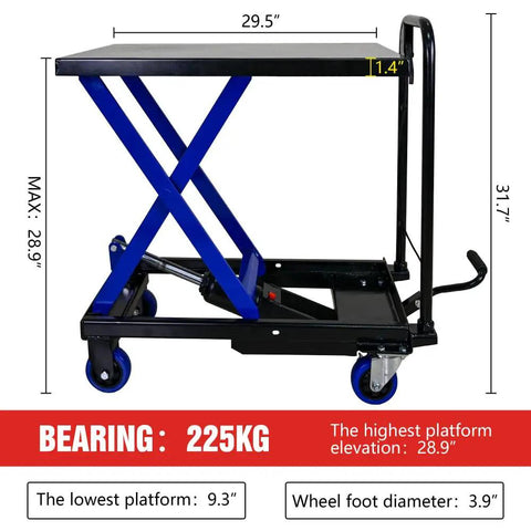 Heavy Duty Hydraulic Lift Trolley With Four Smooth Rolling Casters And Adjustable Scissor Platform, 29.5 inch size, supports 500 pounds.