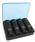4 In 1 Charging Station For Remote Controllers with 4 Rechargeable 2800mAh NiMH Batteries and USB Cable Black with open lid.