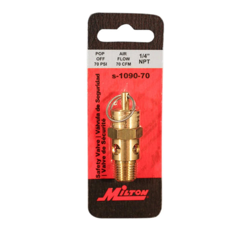 Milton S-1090-70 1/4 in MNPT ASME safety valve, brass body, 70 PSI pop-off, front view