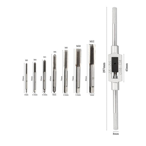 Heavy Duty 8 Piece Metric Thread Taps Set With Adjustable Tap Wrench High Speed Steel M3 Through M12 showing various tap sizes.