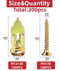 Drywall Anchor Screws Kit 200 Pieces Integrated Drill Tip Mounting Hardware for TV Shelves Cabinets and Curtains Easy Install Galvanized Wall Fixings showing M12x30 and M4x30 sizes