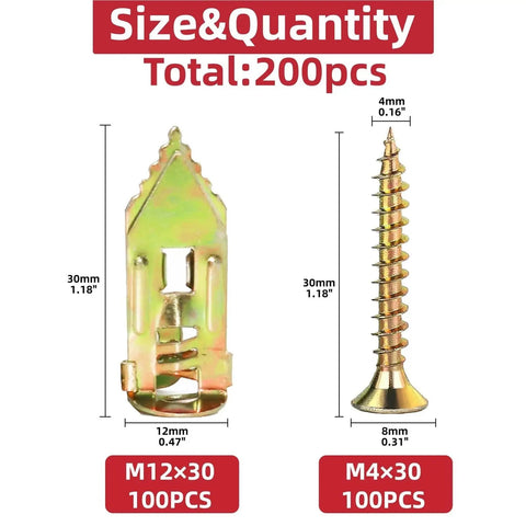 Drywall Anchor Screws Kit 200 Pieces Integrated Drill Tip Mounting Hardware for TV Shelves Cabinets and Curtains Easy Install Galvanized Wall Fixings showing M12x30 and M4x30 sizes