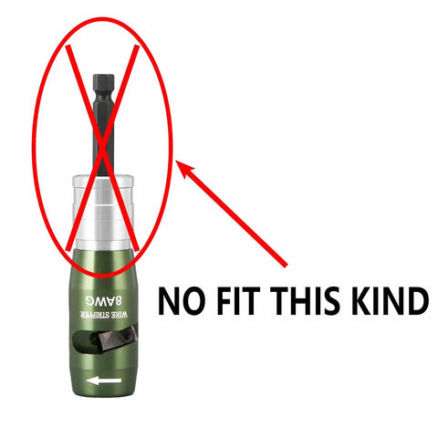 Illustration showing incompatible drill wire stripper not fitting with "2 Pack Wire Stripper Connecting Rods for Drill Compatible With Most Wire Strippers, Durable Zinc Alloy Sleeve, One Quarter Inch Hex Shank, Connector Cutter Holder, Ideal Accessory for DIYers and Home Improvement Projects"