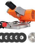 Mini Miter Chop Saw For Metal Wood Plastic Crafts Benchtop Cut Off Saw With blades, adjustable cut shown