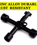 Cross-shaped key from Six Piece Handy Electrical Cabinet And Utility Key Set, black zinc alloy, for valves and spigots.