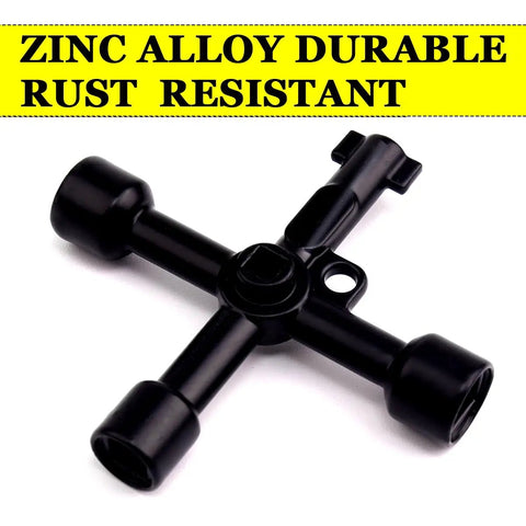 Cross-shaped key from Six Piece Handy Electrical Cabinet And Utility Key Set, black zinc alloy, for valves and spigots.