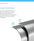 Illustration showing 16-gauge and 18-gauge stainless steel thickness for dual mount stainless steel kitchen sink with 18 and a quarter inch single bowl over or under mount 304 grade stainless 18 gauge quiet durable for wet bar areas.
