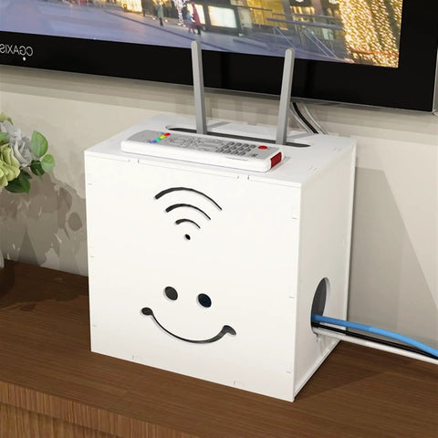 Versatile Cable Organizer Box For Routers Set Top Boxes And Power Strips Hidden Cord Storage with smile design on shelf