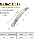 Diagram of Dope Brushed Satin Nickel Kitchen Cabinet Handles And Drawer Pulls Set Of 30 Three Inch Center Hole Durable Zinc Alloy Hardware dimensions showing 3 inch hole center, 5.1 inch length, 0.6 inch width, and 0.9 inch height.