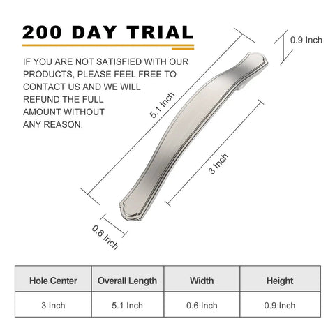 Diagram of Dope Brushed Satin Nickel Kitchen Cabinet Handles And Drawer Pulls Set Of 30 Three Inch Center Hole Durable Zinc Alloy Hardware dimensions showing 3 inch hole center, 5.1 inch length, 0.6 inch width, and 0.9 inch height.
