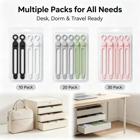 Heavy Duty Reusable Silicone Cable Ties Sort Your Wire Mess Like A Boss Handle Data Cables Zero Sweat Always Keep Your Workspace Crisp With This Flexible Tear Proof 20 Pack Organizer Kit displayed in black, white, green, and pink.
