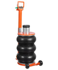Beefy Five Ton Pneumatic Air Jack With Heightened Column And Adjustable Handle Thick Rubber Pad For Safer Lifts Space Saving Portable Lift For Sedans SUVs Trucks And Pickups Up To 11000 Lbs Ultra Easy To Use. Side view showing column and wheels.