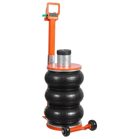 Beefy Five Ton Pneumatic Air Jack With Heightened Column And Adjustable Handle Thick Rubber Pad For Safer Lifts Space Saving Portable Lift For Sedans SUVs Trucks And Pickups Up To 11000 Lbs Ultra Easy To Use. Side view showing column and wheels.