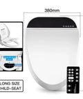 Electric Bidet Toilet Seat Cover Pumping Heat With Built In Led Night Light And Kid Safe Bench, front view with dimensions and remote.