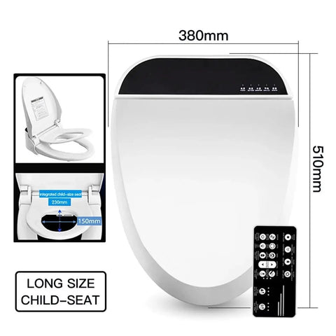 Electric Bidet Toilet Seat Cover Pumping Heat With Built In Led Night Light And Kid Safe Bench, front view with dimensions and remote.