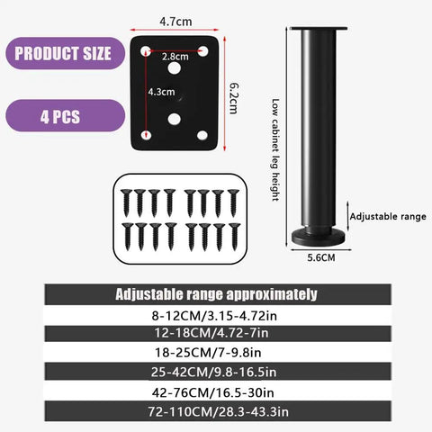 Adjustable Metal Furniture Legs Set Four Pack 5 To 7 Inches Height Heavy Duty Replacement Feet For Sofa Couch Cabinet Dresser Black No Sweat Install With Screws diagram
