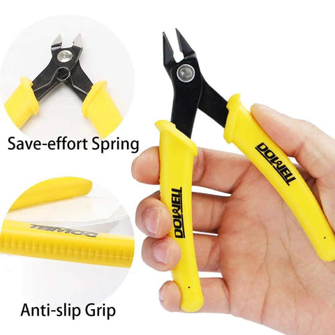 Hand holding Micro Cutter Flush Cutter For Soft Wire Angled Jaws Spring Loaded Precision Wire Cutting Tool with yellow handles