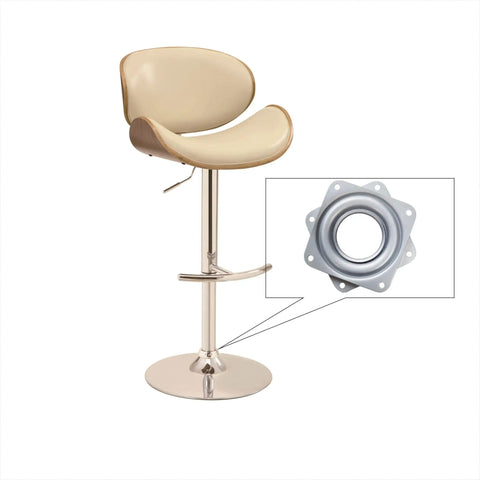 Top Rated Galvanized Steel Square Lazy Susan Turntable Plates With Hella Sturdy Ball Bearing Swivel That Glides Like Butter For Kitchen Cabinets And Desk Organizers Supports Up To Three Hundred Pounds, showing a bar stool with a swivel base.