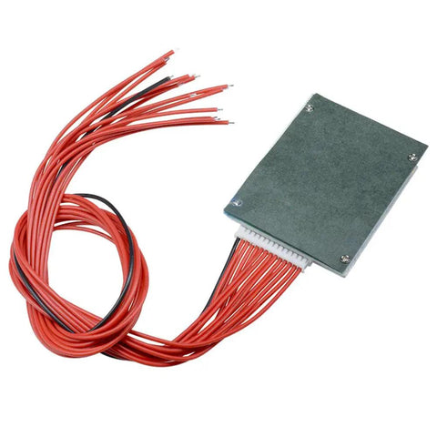 Top Shelf 13S 48V 35A BMS Protection Board For Lithium Ion Packs with red and black wires, designed for DIY battery projects.