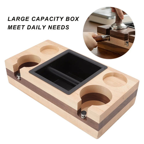 Premium Walnut Wood Coffee Knock Box And Espresso Tamper Stand Holder With Anti Slip Base, large capacity and ergonomic design.