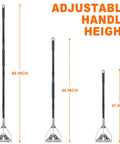 Damn Near Indestructible 60 Inch Heavy Duty Metal Mop Handles 2 Pack showing adjustable heights of 60, 45, and 31 inches.