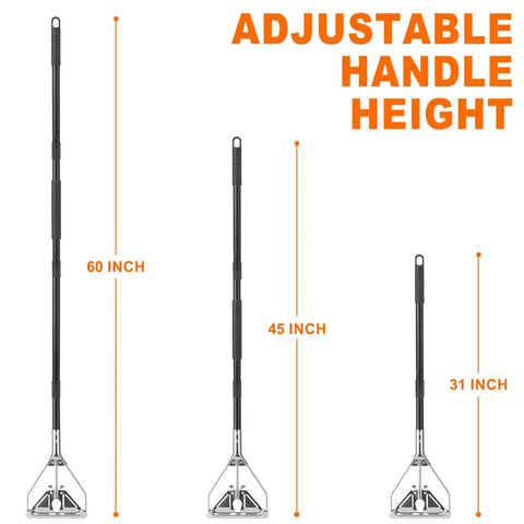 Damn Near Indestructible 60 Inch Heavy Duty Metal Mop Handles 2 Pack showing adjustable heights of 60, 45, and 31 inches.
