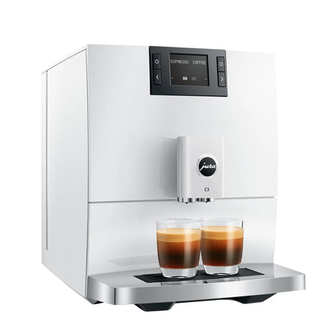 Piano White Super Automatic Coffee Machine With Pro Aroma Grinder And Pulse Extraction Tech For Straight Barista Quality Crema dual cup serving.