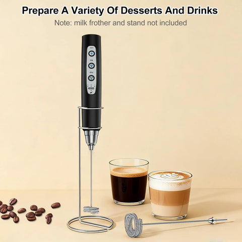 Handheld Rechargeable Milk Frother Whisk Rods Set 2 Pcs Spring Foam Accessories For Quick Creamy Froth Pro Style At Home Latte Frother Upgrade Silver in stand with lattes