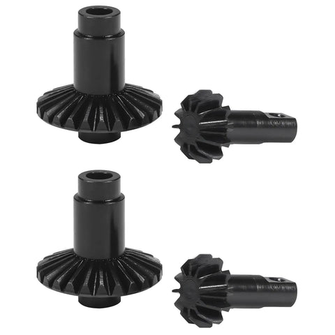 Two machined steel helical ring and pinion gears from the Machined Steel Pinion Gear Set 24T And 12T For One Eighteenth Scale RC Crawler Upgrade Kit