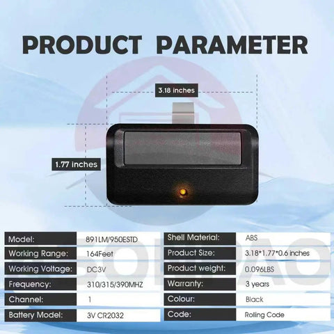 Two Pack Garage Door Opener Remote For 950ESTD And 891LM, dimension details, black ABS casing, yellow indicator light.