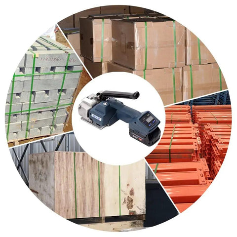 Heavy Duty Portable Cordless Electric Strapping Machine For PP And PET Packing Belts 13 To 16mm With Dual 18V Batteries on various wrapped boxes.