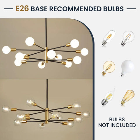 Modern Sputnik Chandelier Ceiling Light With 12 Lights In Gold And Black, adjustable height, E26 bulbs pictured, bulbs not included