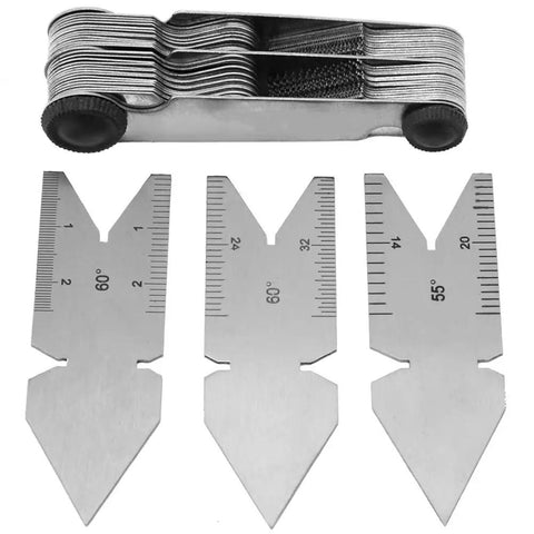 52 Leaf Thread Pitch Gauge Set With 60 Degree And 55 Degree Center Gauges displayed with stainless steel leaves.