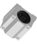 4 Pack SCS8UU Square Pillow Block Bearings With Double Rubber Seals 8mm Bore shown from an angle, featuring steel build and mounting holes.