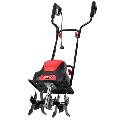 Beast Corded Electric Tiller with 12 inch cutting width, 8 inch till depth, and 10.5 amp power, shown from front view.