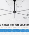 287 Inch Industrial Ceiling Fan Heavy Duty Workhorse With 6 Aluminum Blades Permanent Magnet Direct Drive Motor Variable Speed Warehouse Ventilation Crushes Dead Air Fast For Factories Gyms And Livestock Barns showing design features, dimensions, and specifications
