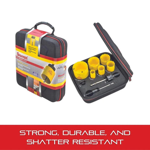 Deep Cut Hole Saw Electricians Kit with 6 hole saws and 3 accessories, 2 inch cutting depth, in a tough carry case.