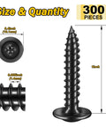 Three Hundred Piece Number Eight By One Inch Truss Head Wood Screws Featuring Self Tapping Zinc Plated Steel And Matte Black Finish, showing dimensions.