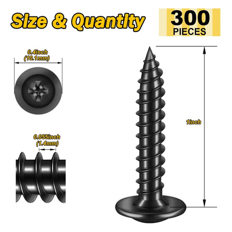 Three Hundred Piece Number Eight By One Inch Truss Head Wood Screws Featuring Self Tapping Zinc Plated Steel And Matte Black Finish, showing dimensions.